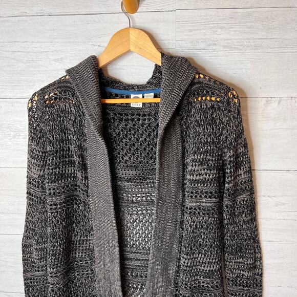 Roxy Sweater Womens Size Small Dark Gray Marled Open Knit Hoodie Cardigan - Picture 6 of 12